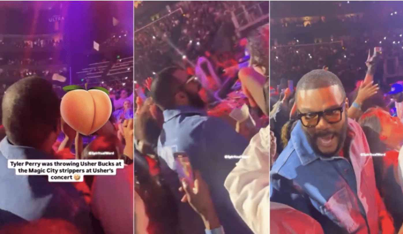 Tongues-talking Tyler Perry caught on video raining ‘dollars’ on stripper at Usher concert, Blasts Trump at Harris rally